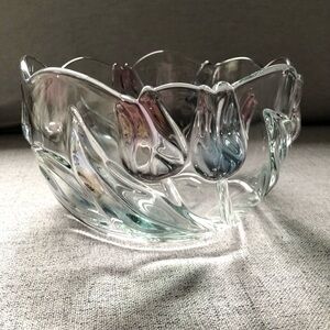 Vintage Mikasa Tivoli Pink Blue Tulip 8” Glass Serving Bowl.  Scalloped edges